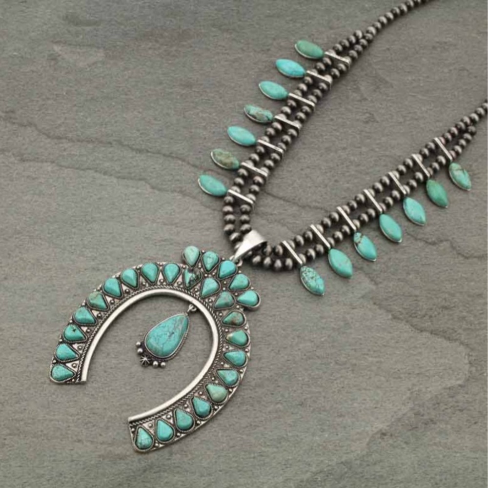 Full Squash Blossom Faux Turquoise Necklace